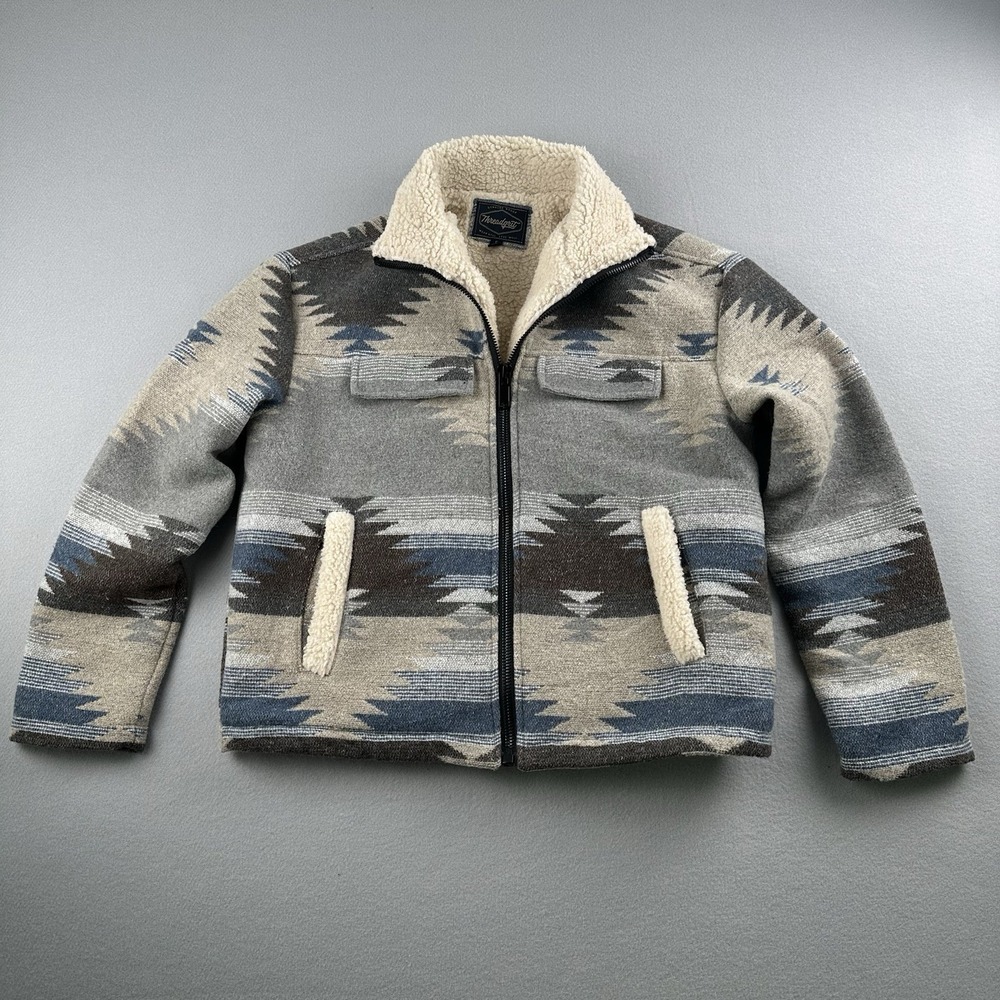 Threadgrit Women's Sherpa Lined Flannel Zip Bomber Jacket‎ Size Small Coat Aztec